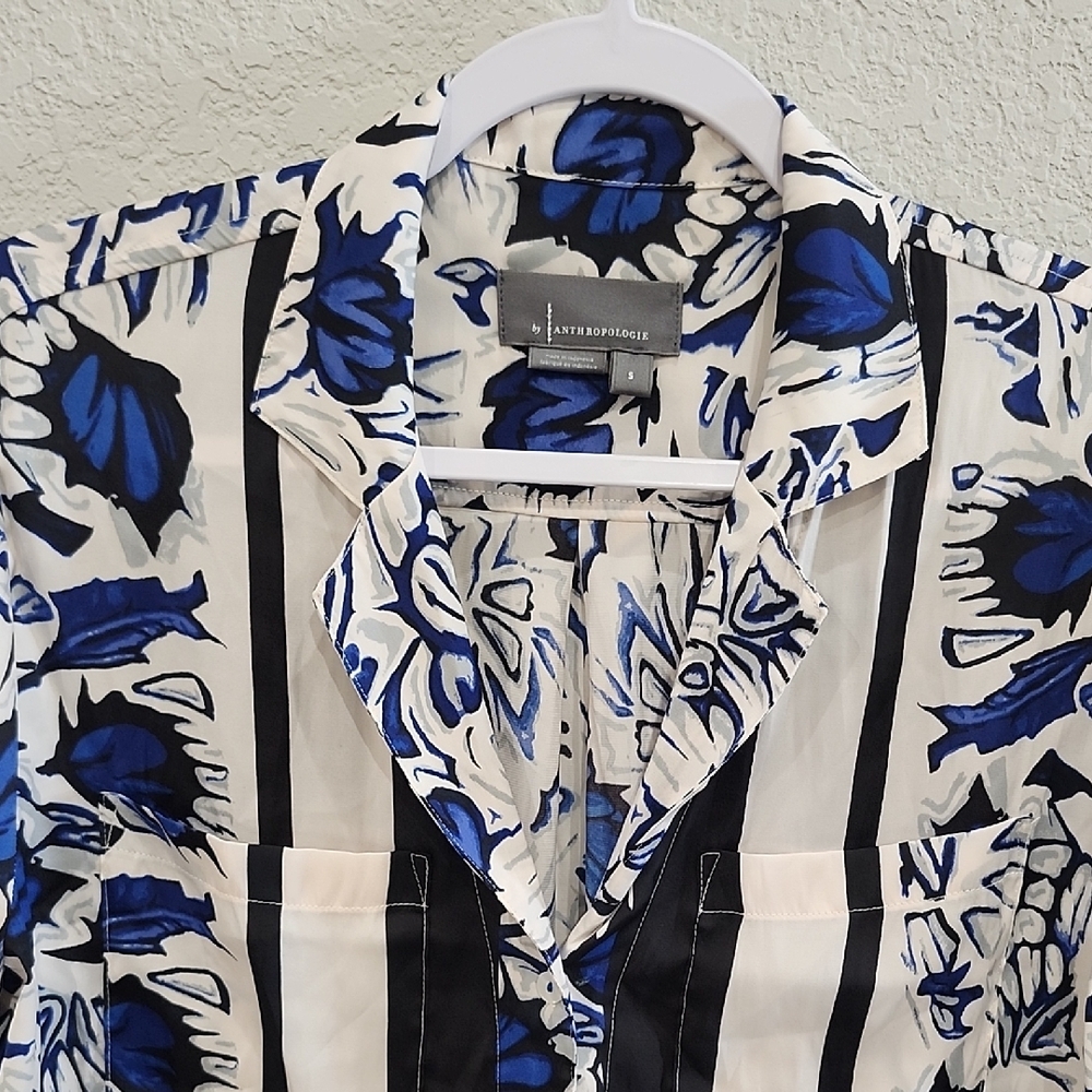 Anthropologie Maeve Classic Surf Top Blue Black Tropical Button Down Resort Top - Picture 5 of 10